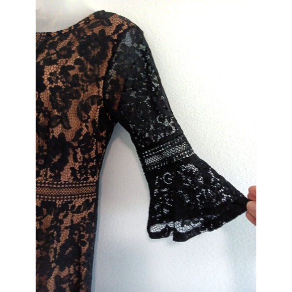 BOHO Maxi Dress Womens Large Black Lace over Beige‎ Bell Sleeve Coastal Romantic - Picture 3 of 11